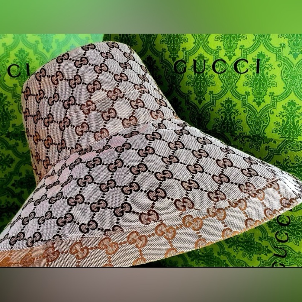 Gucci Beige GG Monogram Bucket Hat Wide Large Brim Jacquard Beige Tan Canvas - Picture 6 of 16